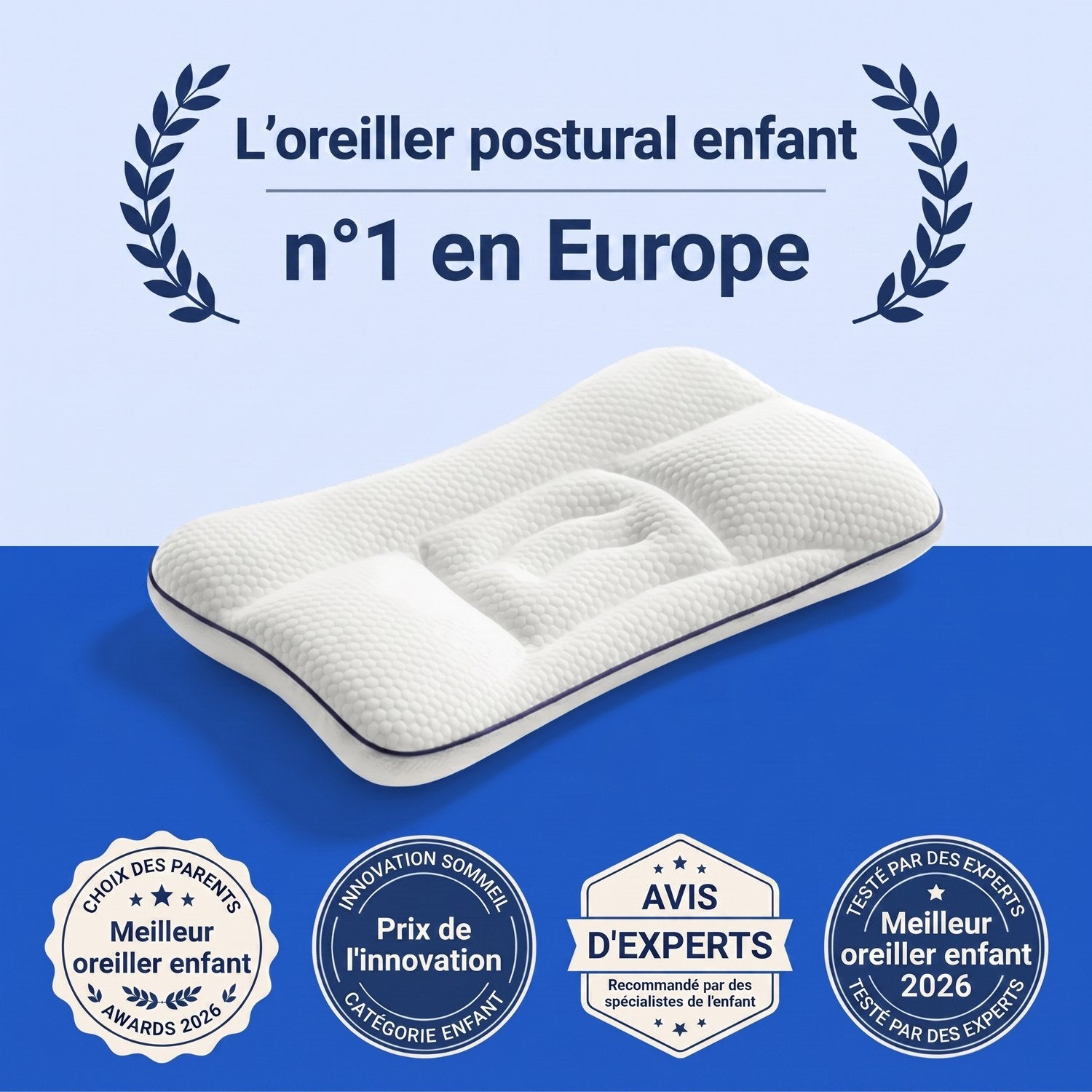 L'oreiller postural enfant n°1 en Europe — récompensé et recommandé par des experts