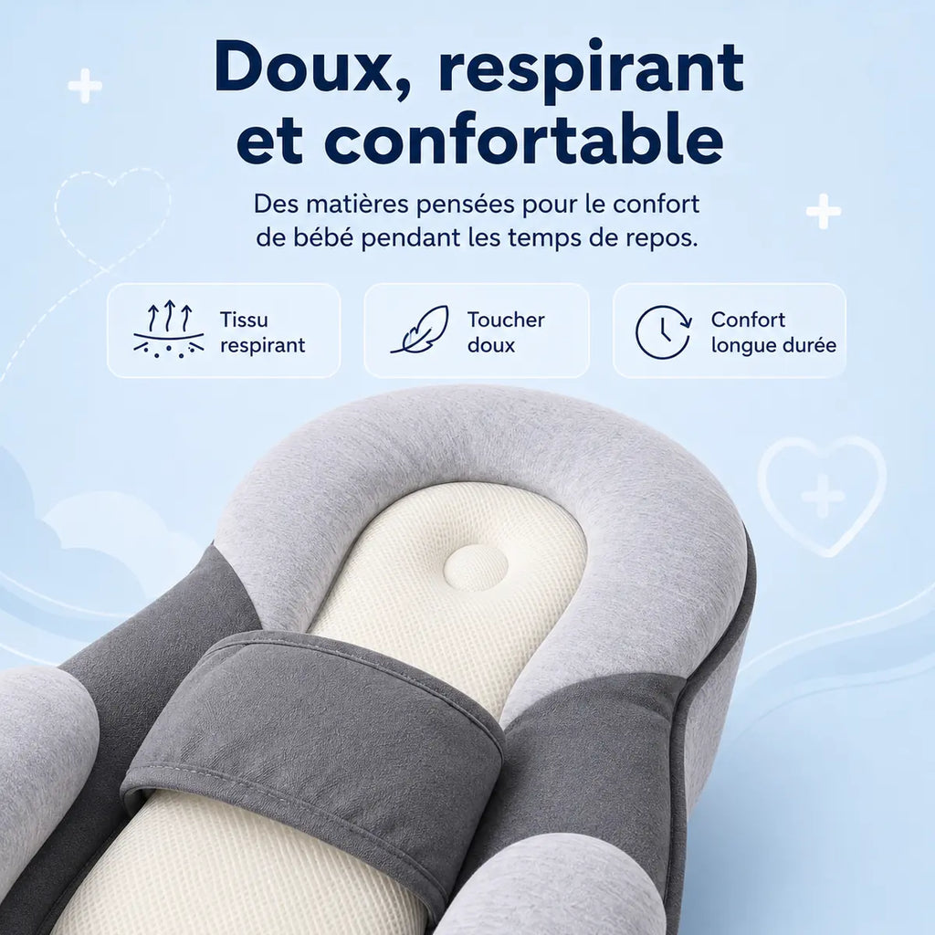 Infographie du Cocon, gros plan sur le coussin central, « Doux, respirant et confortable »