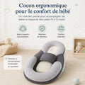Infographie du Cocon, packshot dans une chambre, « Cocon ergonomique pour le confort de bébé »