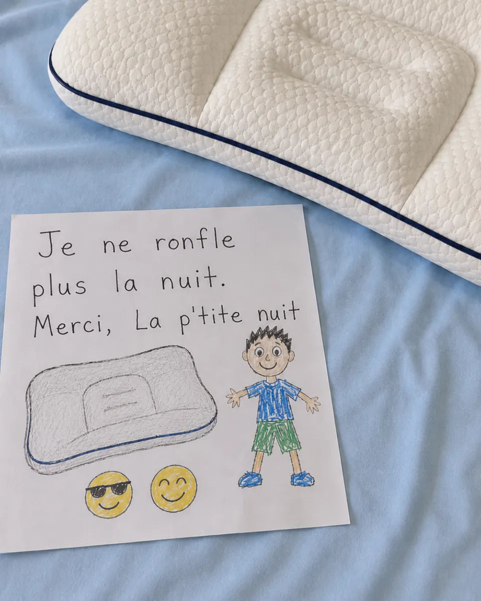 Oreiller La P’tite Nuit sur un lit, avec un dessin d’enfant : « je ne ronfle plus la nuit, merci »