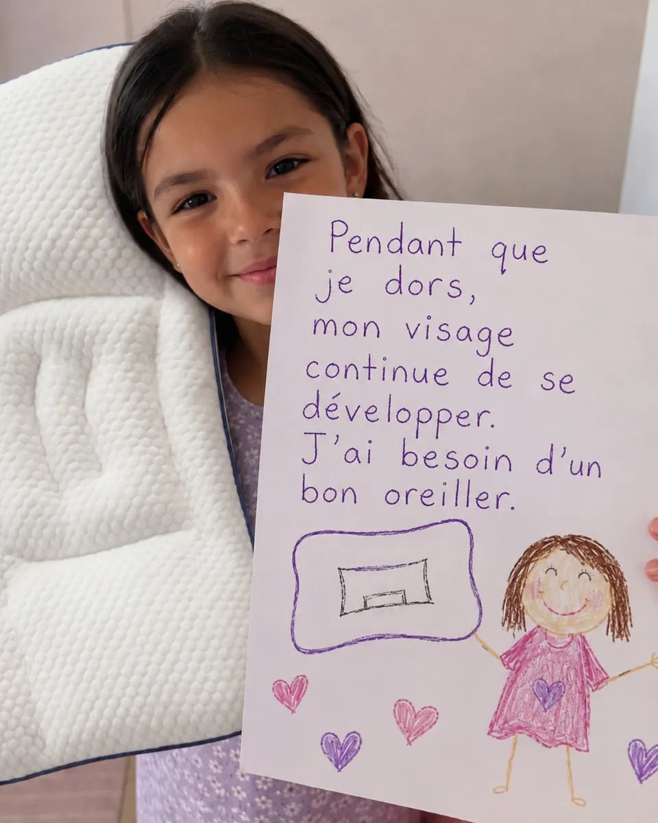 Petite fille souriante contre son oreiller La P’tite Nuit, avec un mot dessiné : « pendant que je dors, mon visage continue de se développer »