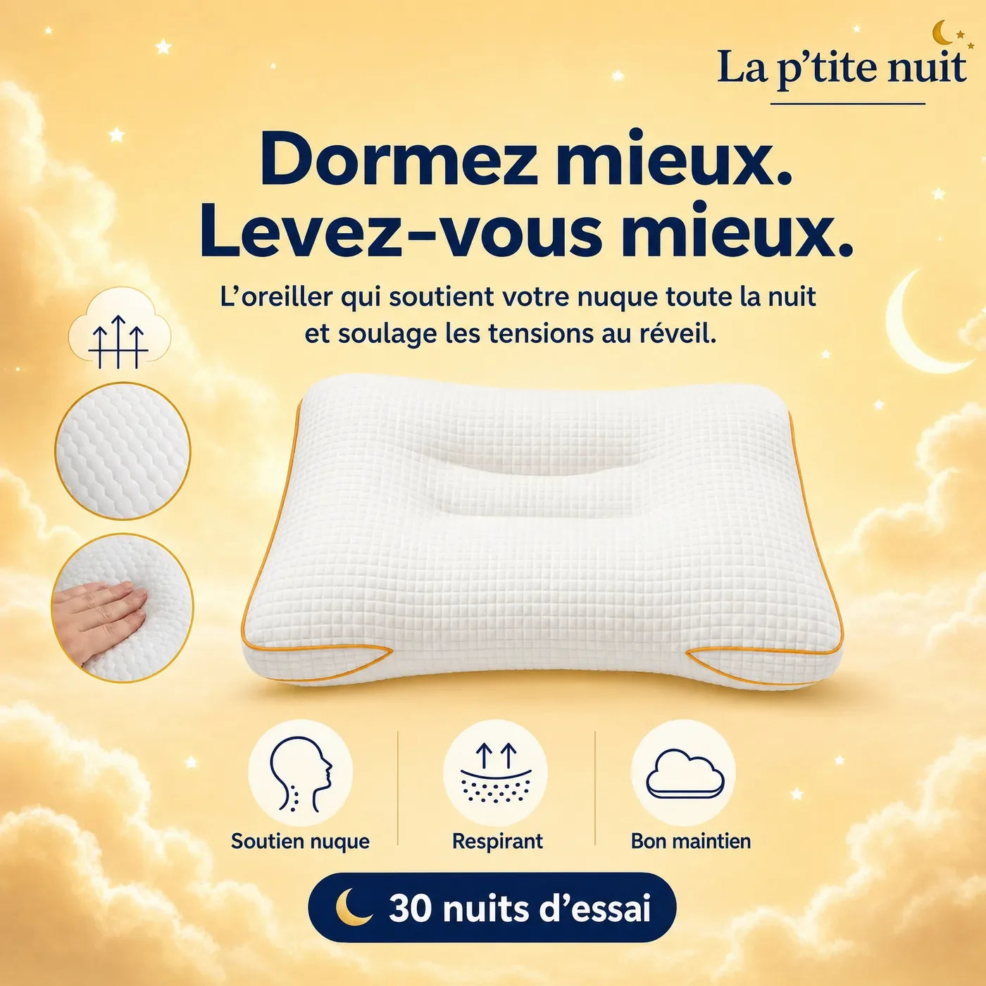 Oreiller ergonomique adulte La P’tite Nuit, soutien de la nuque toute la nuit